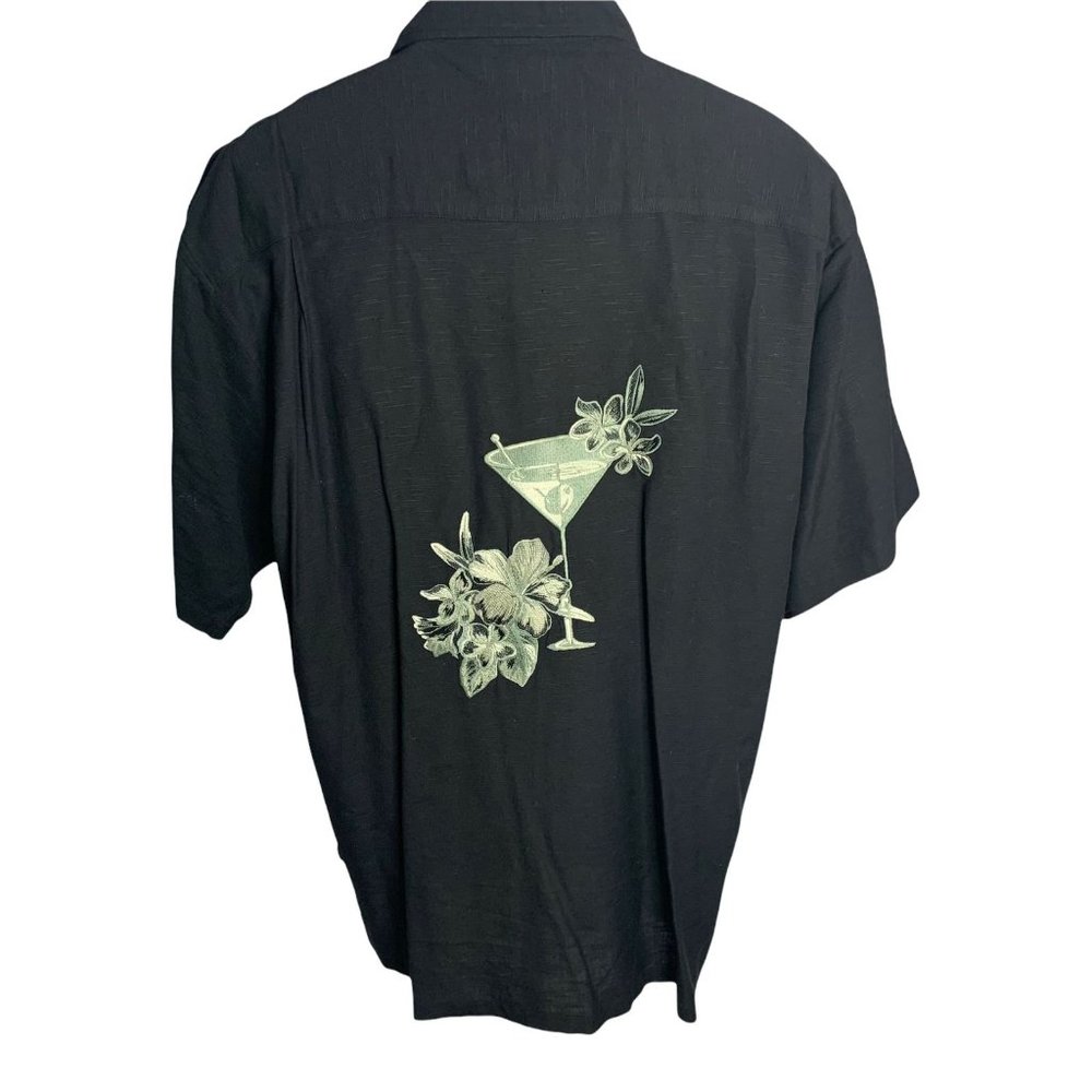 Newport Blue Button Down Camp Shirt L Black Embroidered Martini Pocket Flower